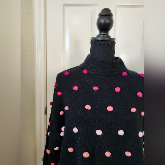 CeCe Black Sweater with Colorful Dots Polka Pom Poms 2x - Picture 4 of 12